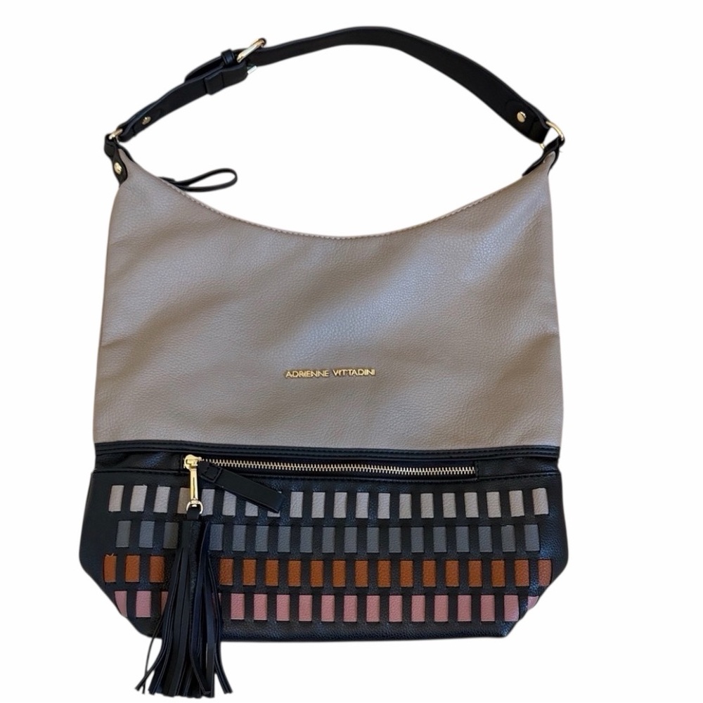 Adrienne Vittadini Signature Pebble Grain Hobo Gray and Black Shoulder Bag